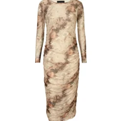 LIBERTÉ DAME KJOLE MESH LS LONG DRESS - BROWN GOLD MARBLE