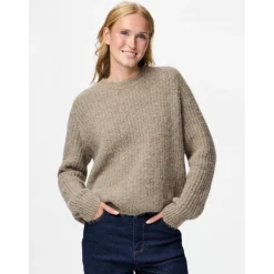 PIECES Dame Striktrøje PCCleo - Greige Melange