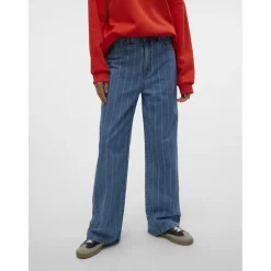 VERO MODA dame jeans VMKATHY - Medium Blue Denim Stripes WHITE