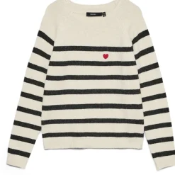 VERO MODA Dame Pullover VMDoffy - Birch Black Stripes and Ribbon Red Harts