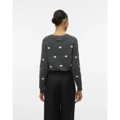 VERO MODA DAME STRIKTRØJE VMDOFFY - Dark Grey Melange White Hearts