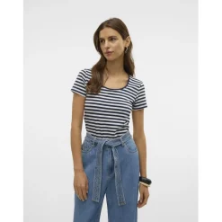 VERO MODA dame t-shirt VMLOTTE - Snow White Stripes NAVY BLAZER