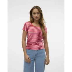 VERO MODA dame t-shirt VMLOTTE - Fiery Red Stripes BONBON