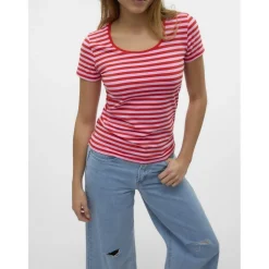 VERO MODA dame t-shirt VMLOTTE - Fiery Red Stripes BONBON