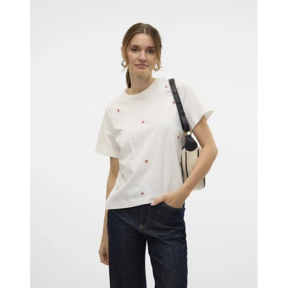 VERO MODA dame t-shirt VMSOLVEI - Snow White Print STRAWBERRYS